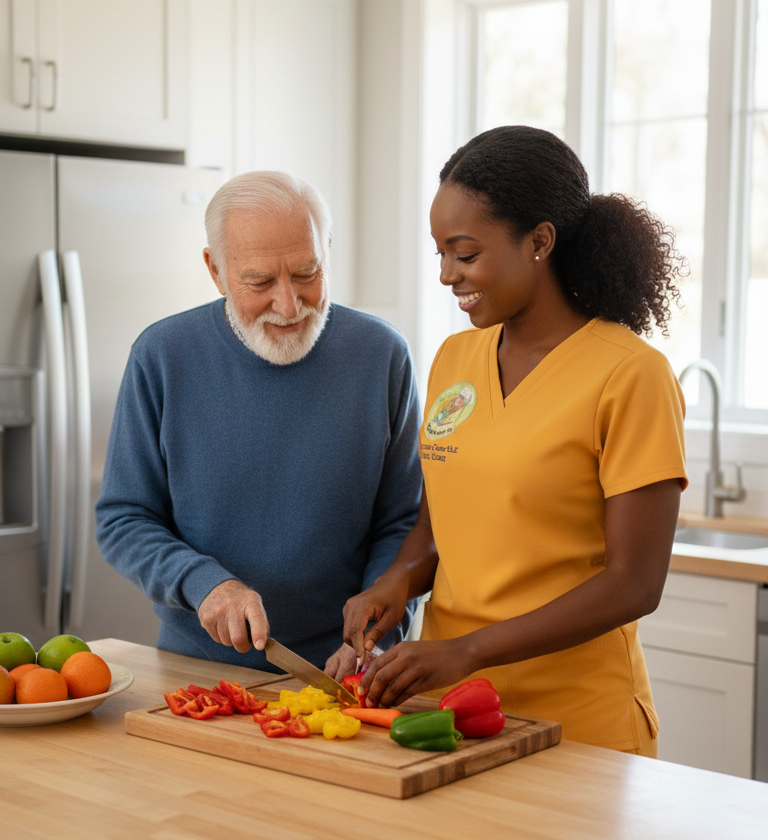 Home Care Professional and elderly man smiling while preparing fresh vegetables in a kitchen.